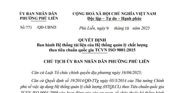 Quyết định số 771/QĐ-UBND Ban hành Hệ thống tài liệu của Hệ thống quản lý chất lượng theo tiêu chuẩn quốc gia TCVN ISO 9001:2015