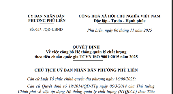 Quyết định số 943/QĐ-UBND Về việc công bố Hệ thống quản lý chất lượng theo tiêu chuẩn quốc gia TCVN ISO 9001:2015 năm 2025
