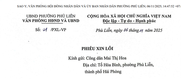Phiếu xin lỗi công dân Mai Thị Hoa