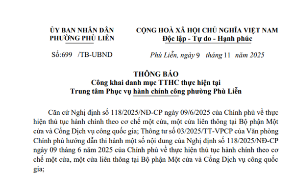Thông báo Công khai danh mục TTHC thực hiện tại Trung tâm Phục vụ hành chính công phường Phù Liễn (tháng 11/2025)