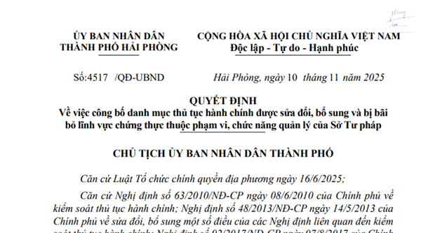 Quyết định số 4517/QĐ-UBND công bố danh mục thủ tục hành chính được sửa đổi, bổ sung và bị bãi bỏ lĩnh vực chứng thực thuộc phạm vi, chức năng quản lý của Sở Tư pháp