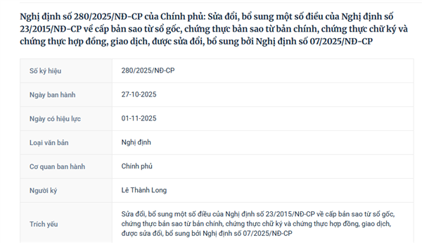 Nghị định số 280/2025/NĐ-CP của Chính phủ: Sửa đổi, bổ sung một số điều của Nghị định số 23/2015/NĐ-CP về cấp bản sao từ sổ gốc, chứng thực bản sao từ bản chính, chứng thực chữ ký và chứng thực hợp đồng, giao dịch, được sửa đổi, bổ sung bởi Nghị định số 07/2025/NĐ-CP