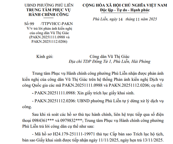 V/v trả lời phản ánh kiến nghị của công dân Vũ Thị Giác (PAKN.20251111.0988 và PAKN.20251112.0206)