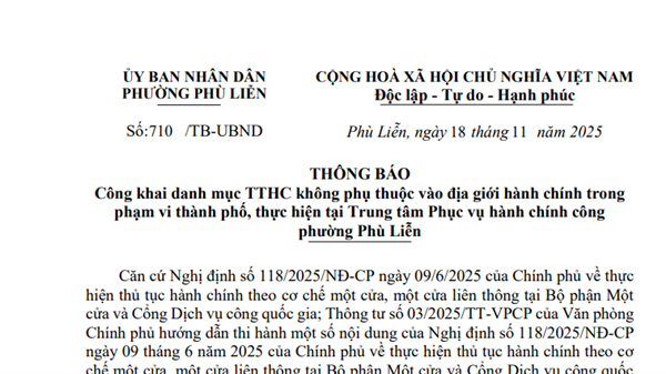 Công khai danh mục TTHC không phụ thuộc vào địa giới hành chính trong phạm vi thành phố, thực hiện tại Trung tâm Phục vụ hành chính công phường Phù Liễn