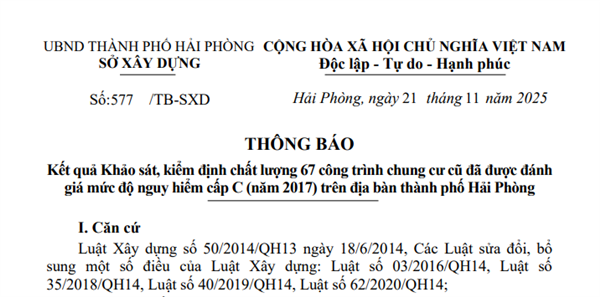 Kết quả Khảo sát, kiểm định chất lượng 67 công trình chung cư cũ đã được đánhgiá mức độ nguy hiểm cấp C (năm 2017) trên địa bàn thành phố Hải Phòng