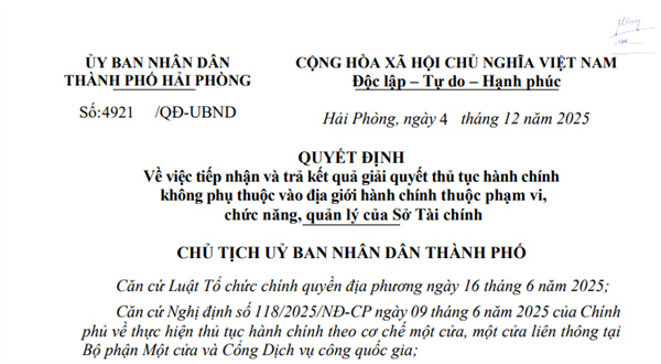 Quyết định số 4921/QĐ-UBND về việc tiếp nhận và trả kết quả thủ tục hành chính không phụ thuộc vào địa giới hành chính thuộc phạm vi, chức năng quản lý của Sở Tài chính trên địa bàn thành phố Hải Phòng