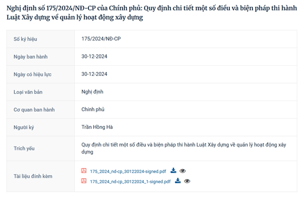 Nghị định số 175/2024/NĐ-CP của Chính phủ: Quy định chi tiết một số điều và biện pháp thi hành Luật Xây dựng về quản lý hoạt động xây dựng