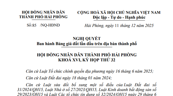 Nghị quyết số 85/NQ-HĐND của HĐND thành phố Hải Phòng về Ban hành Bảng giá đất lần đầu trên địa bàn thành phố