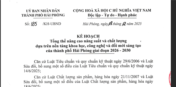 Kế hoạch số 335/KH-UBND ngày 18/12/2025 của UBND thành phố Hải phòng tổng thể nâng cao năng suất và chất lượng dựa trên nền tảng khoa học, công nghệ và đổi mới sáng tạo của thành phố Hải Phòng giai đoạn 2026 - 2030