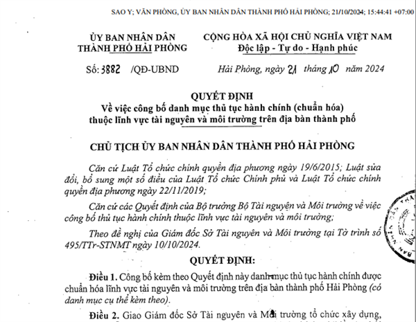 Quyết định số 3882/QĐ-UBND ngày 21/10/2024 công bố danh mục TTHC chuẩn hóa thuộc lĩnh vực Tài nguyên và môi trường trên địa bàn thành phố Hải Phòng