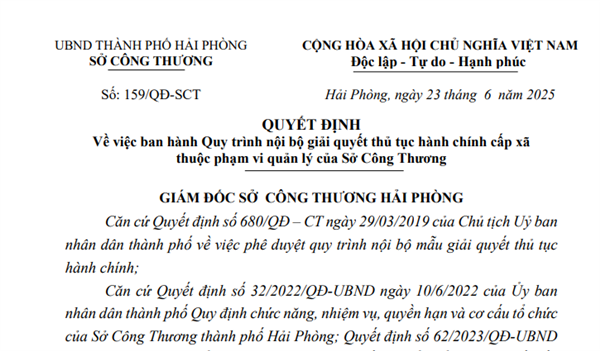Quy trình nội bộ giải quyết thủ tục hành chính cấp xã thuộc phạm vi quản lý của Sở Công Thương