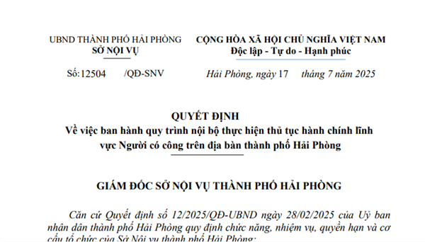 Quyết định số 12504/QĐ-SNV Về việc ban hành quy trình nội bộ thực hiện thủ tục hành chính lĩnh vực Người có công trên địa bàn thành phố Hải Phòng