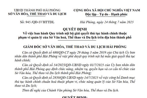 Quyết định số 945/QĐ-SVHTTDL Về việc ban hành Quy trình nội bộ giải quyết thủ tục hành chính thuộc phạm vi quản lý của Sở Văn hoá, Thể thao và Du lịch trên địa bàn thành phố