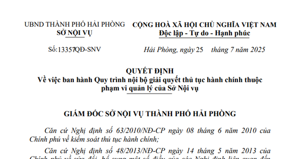 Quyết định số 13357/QĐ-SNV Về việc ban hành Quy trình nội bộ giải quyết thủ tục hành chính thuộc phạm vi quản lý của Sở Nội vụ