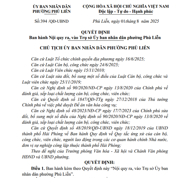 Quyết định về việc ban hành Nội quy ra, vào Trụ sở Ủy ban nhân dân phường Phù Liễn