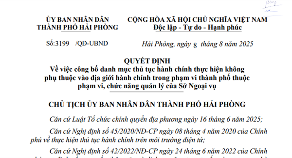 Quyết định số 3199/QĐ-UBND về việc công bố danh mục thủ tục hành chính thực hiện không phụ thuộc vào địa giới hành chính trong phạm vi thành phố thuộc phạm vi, chức năng quản lý của Sở Ngoại vụ