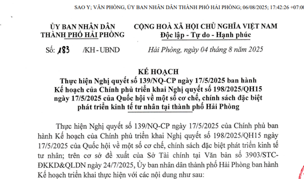 Kế hoạch số 183/KH-UBND ngày 04/8/2025 của UBND thành phố về Thực hiện Nghị quyết số 139/NQ-CP ngày 17/5/2025 ban hành Kế hoạch của Chính phủ triển khai Nghị quyết số 198/2025/QH15 ngày 17/5/2025 của Quốc hội về một số cơ chế, chính sách đặc biệt phát triển kinh tế tư nhân tại thành phố Hải Phòng