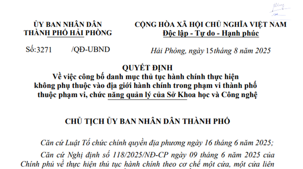 Quyết định số 3271/QĐ-UBND Về việc công bố danh mục thủ tục hành chính thực hiện không phụ thuộc vào địa giới hành chính trong phạm vi thành phố thuộc phạm vi, chức năng quản lý của Sở Khoa học và Công nghệ