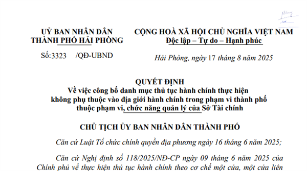 Quyết định số 3323/QĐ-UBND công bố danh mục thủ tục hành chính thực hiện không phụ thuộc vào địa giới hành chính trong phạm vi thành phố thuộc phạm vi, chức năng quản lý của Sở Tài chính