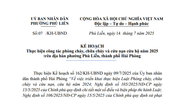 Kế hoạch Thực hiện công tác phòng cháy, chữa cháy và cứu nạn cứu hộ năm 2025 trên địa bàn phường Phù Liễn