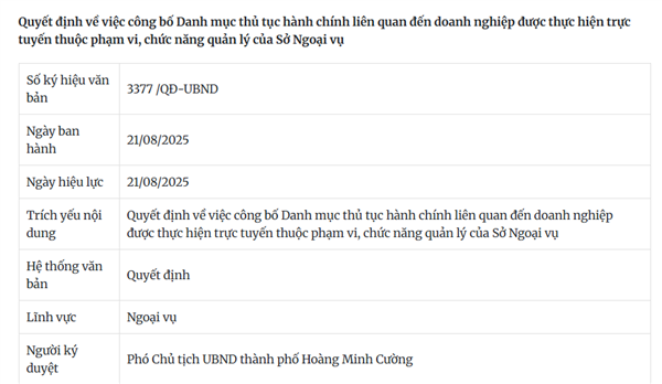 Quyết định số 3377/QĐ-UBND về việc công bố Danh mục thủ tục hành chính liên quan đến doanh nghiệp được thực hiện trực tuyến thuộc phạm vi, chức năng quản lý của Sở Ngoại vụ