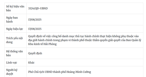 Quyết định 3324/QĐ-UBND về việc công bố danh mục thủ tục hành chính thực hiện không phụ thuộc vào địa giới hành chính trong phạm vi thành phố thuộc thẩm quyền giải quyết của Ban Quản lý Khu kinh tế Hải Phòng