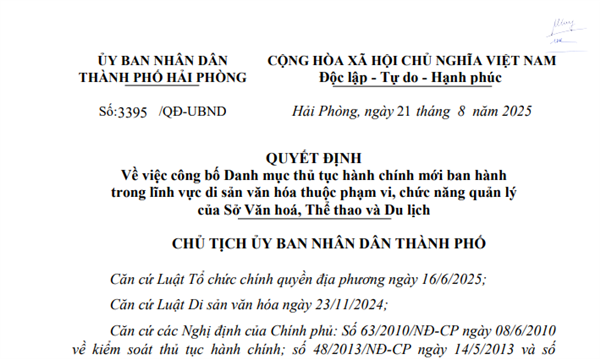 Quyết định số 3395/QĐ-UBND công bố Danh mục thủ tục hành chính mới ban hành trong lĩnh vực di sản văn hóa thuộc phạm vi, chức năng quản lý của Sở Văn hoá, Thể thao và Du lịch