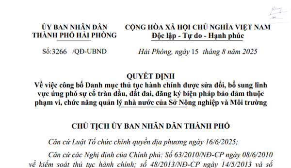 Quyết định số 3266/QĐ-UBND Về việc công bố Danh mục thủ tục hành chính được sửa đổi, bổ sung lĩnh vực ứng phó sự cố tràn dầu, đất đai, đăng ký biện pháp bảo đảm thuộc phạm vi, chức năng quản lý nhà nước của Sở Nông nghiệp và Môi trường