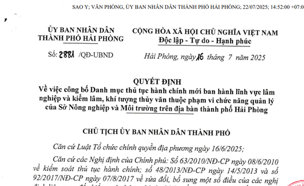 Quyết định số 2881/QĐ-UBND về việc công bố Danh mục thủ tục hành chính mới ban hành lĩnh vực lâm nghiệp và kiểm lâm, khí tượng thủy văn thuộc phạm vi chức năng quản lý của Sở Nông nghiệp và Môi trường trên địa bàn thành phố Hải Phòng