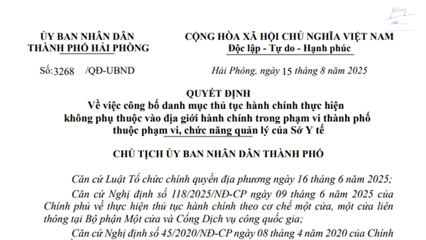 Quyết định số 3268/QĐ-UBND Về việc công bố danh mục thủ tục hành chính thực hiện không phụ thuộc vào địa giới hành chính trong phạm vi thành phố thuộc phạm vi, chức năng quản lý của Sở Y tế