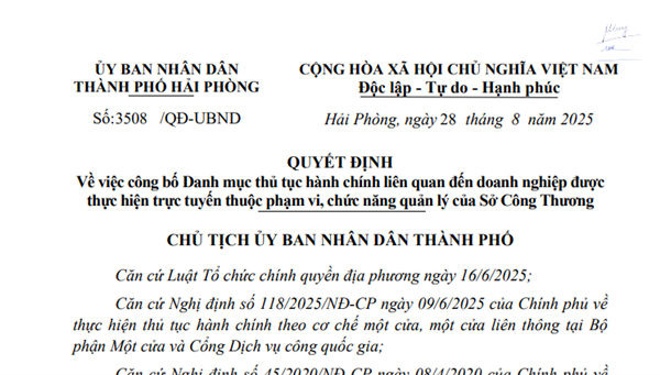Quyết định số 3508/QĐ-UBND công bố Danh mục thủ tục hành chính liên quan đến doanh nghiệp được thực hiện trực tuyến thuộc phạm vi, chức năng quản lý của Sở Công Thương