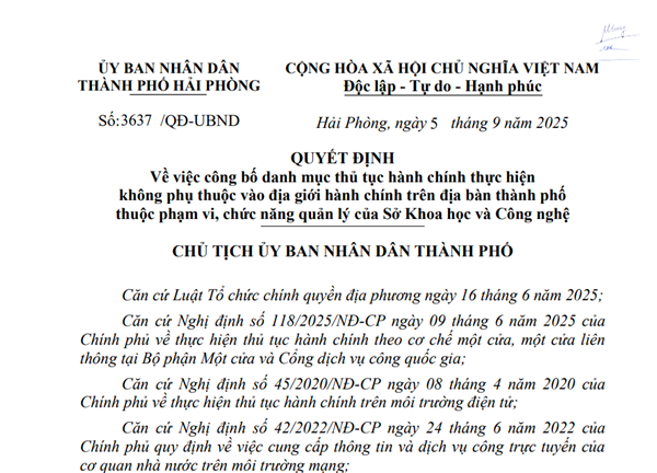 Quyết định số 3637/QĐ-UBND Về việc công bố danh mục thủ tục hành chính thực hiện không phụ thuộc vào địa giới hành chính trên địa bàn thành phố thuộc phạm vi, chức năng quản lý của Sở Khoa học và Công nghệ