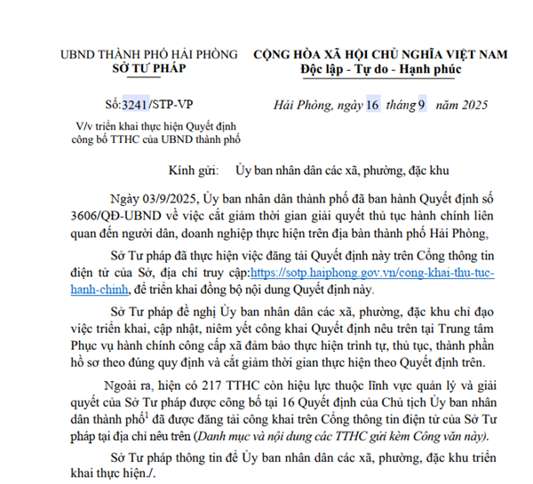 Văn bản số 3241/STP-VP Triển khai thực hiện Quyết định công bố TTHC của UBND thành phố