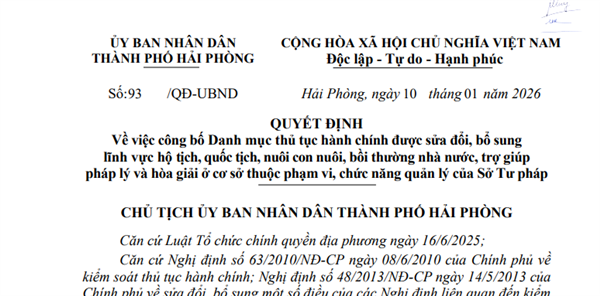 Quyết định số 93/QĐ-UBND về việc công bố Danh mục thủ tục hành chính được sửa đổi, bổ sung lĩnh vực hộ tịch, quốc tịch, nuôi con nuôi, bồi thường nhà nước, trợ giúp pháp lý và hòa giải ở cơ sở thuộc phạm vi, chức năng quản lý của Sở Tư pháp