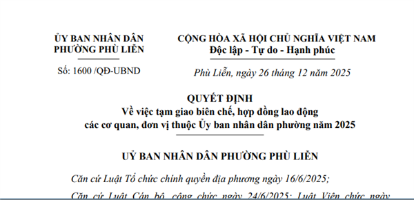Quyết định số 1600/QĐ-UBND ngày 26/12/2025 tạm giao biên chế các cơ quan, đơn vị thuộc phường năm 2026