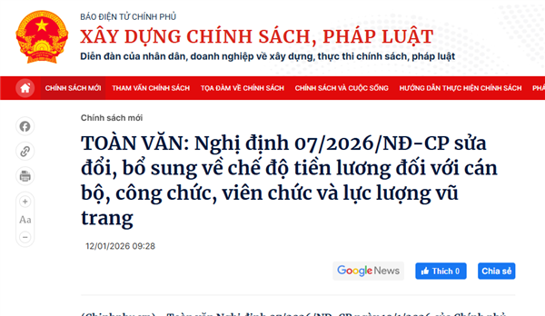 Nghị định 07/2026/NĐ-CP sửa đổi, bổ sung về chế độ tiền lương đối với cán bộ, công chức, viên chức và lực lượng vũ trang