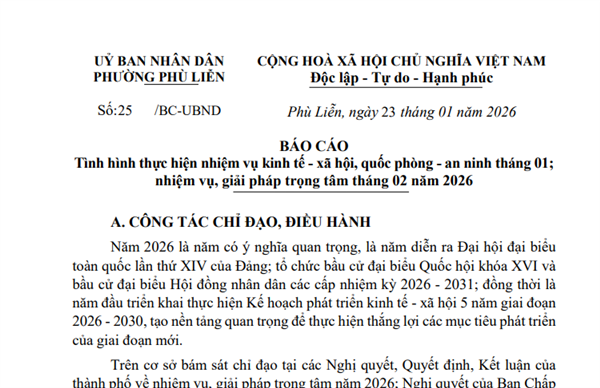 Báo cáo tình hình thực hiện nhiệm vụ kinh tế - xã hội, quốc phòng - an ninh tháng 01; nhiệm vụ, giải pháp trọng tâm tháng 02 năm 2026