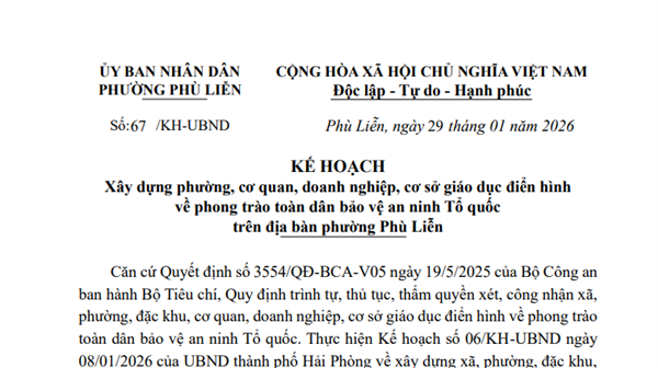 Kế hoạch xây dựng phường, cơ quan, doanh nghiệp, cơ sở giáo dục điển hình về phong trào toàn dân bảo vệ an ninh Tổ quốc trên địa bàn phường Phù Liễn