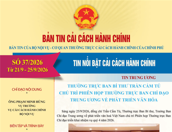 Bản tin điện tử cải cách hành chính số 37/2026, từ ngày 21/9/2026 đến ngày 25/9/2026