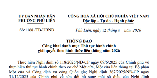 Thông báo Công khai danh mục Thủ tục hành chính giải quyết theo hình thức liên thông năm 2026