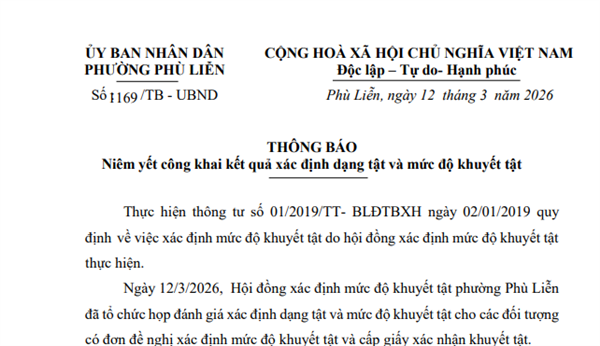 Thông báo niêm yết công khai kết quả xác định dạng tật và mức độ khuyết tật