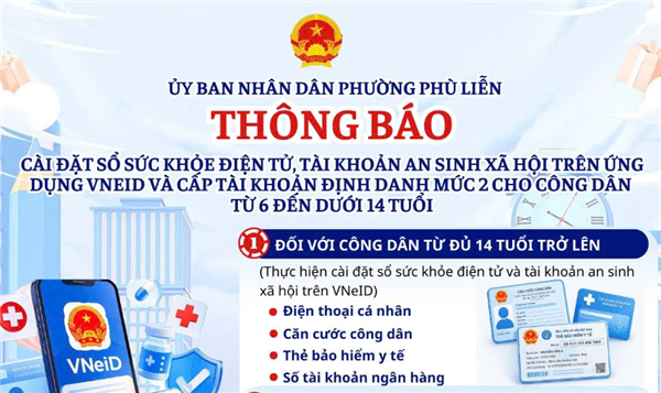 Lịch cài đặt Sổ sức khỏe điện tử, Tài khoản An sinh xã hội trên Ứng dụng VNeID và cấp Tài khoản định danh mức 2