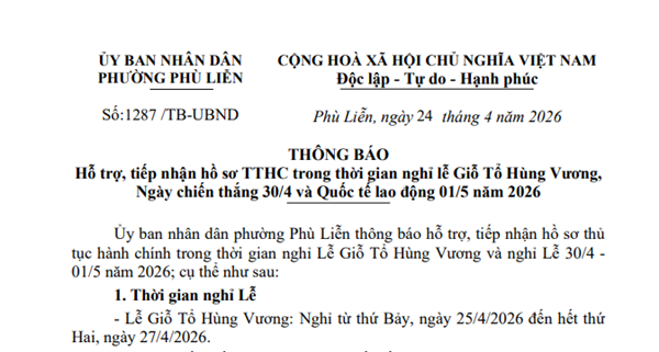 Thông báo Hỗ trợ, tiếp nhận hồ sơ dịp nghỉ Giỗ Tổ Hùng Vương, Ngày chiến thắng 30/4 và Quốc tế lao động 01/5 năm 2026