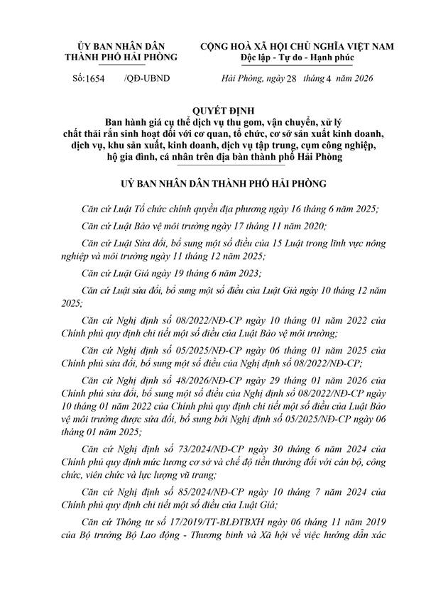 Quyết định số 1654/QĐ-UBND ban hành giá cụ thể dịch vụ thu gom, vận chuyển, xử lý chất thải rắn sinh hoạt đối với cơ quan, tổ chức, cơ sở sản xuất kinh doanh, dịch vụ, khu sản xuất, kinh doanh, dịch vụ tập trung, cụm công nghiệp, hộ gia đình, cá nhân trên địa bàn thành phố Hải Phòng