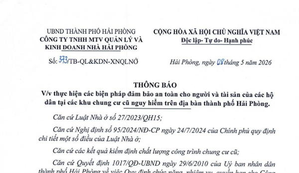 Thông báo v/v thực hiện các biện pháp đảm bảo an toàn cho người và tài sản của các hộ dân tại các khu chung cư cũ nguy hiểm trên địa bàn thành phố Hải Phòng