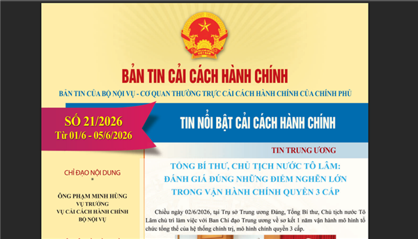 Bản tin điện tử cải cách hành chính số 21/2026, từ ngày 01/6/2026 đến ngày 05/6/2026