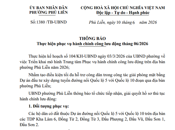 Thông báo Thực hiện phục vụ hành chính công lưu động tháng 06/2026