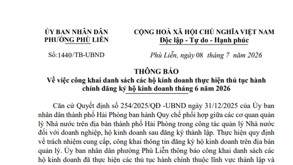 Công khai danh sách các hộ kinh doanh thực hiện thủ tục hành chính đăng ký hộ kinh doanh tháng 6 năm 2026
