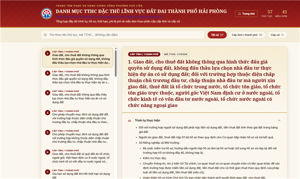 Tiện ích số - Tra cứu Danh mục, biểu mẫu 57 TTHC Đặc thù lĩnh vực Đất đai thành phố Hải Phòng