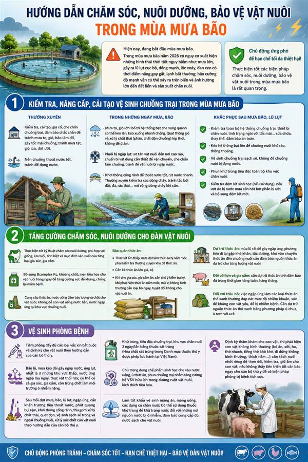 Hướng dẫn chăm sóc, nuôi dưỡng bảo vệ vật nuôi mùa mưa bão